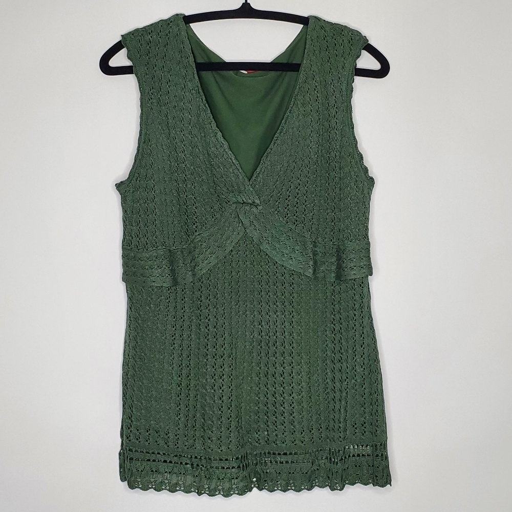 Silk Blend Crochet Babydoll Top XL‎ Lined V-neck Forest Green   Y2K Spring Moody